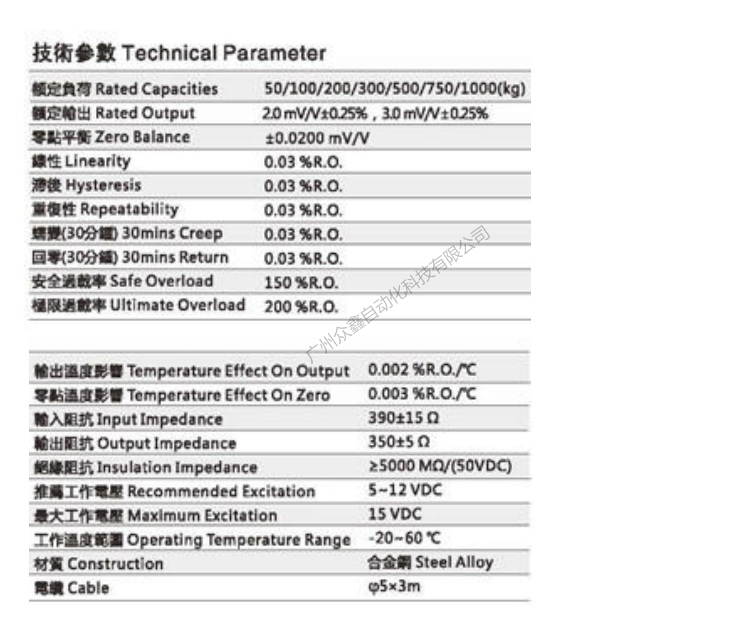 台湾mavin NS1-1000kg称重传感器技术参数