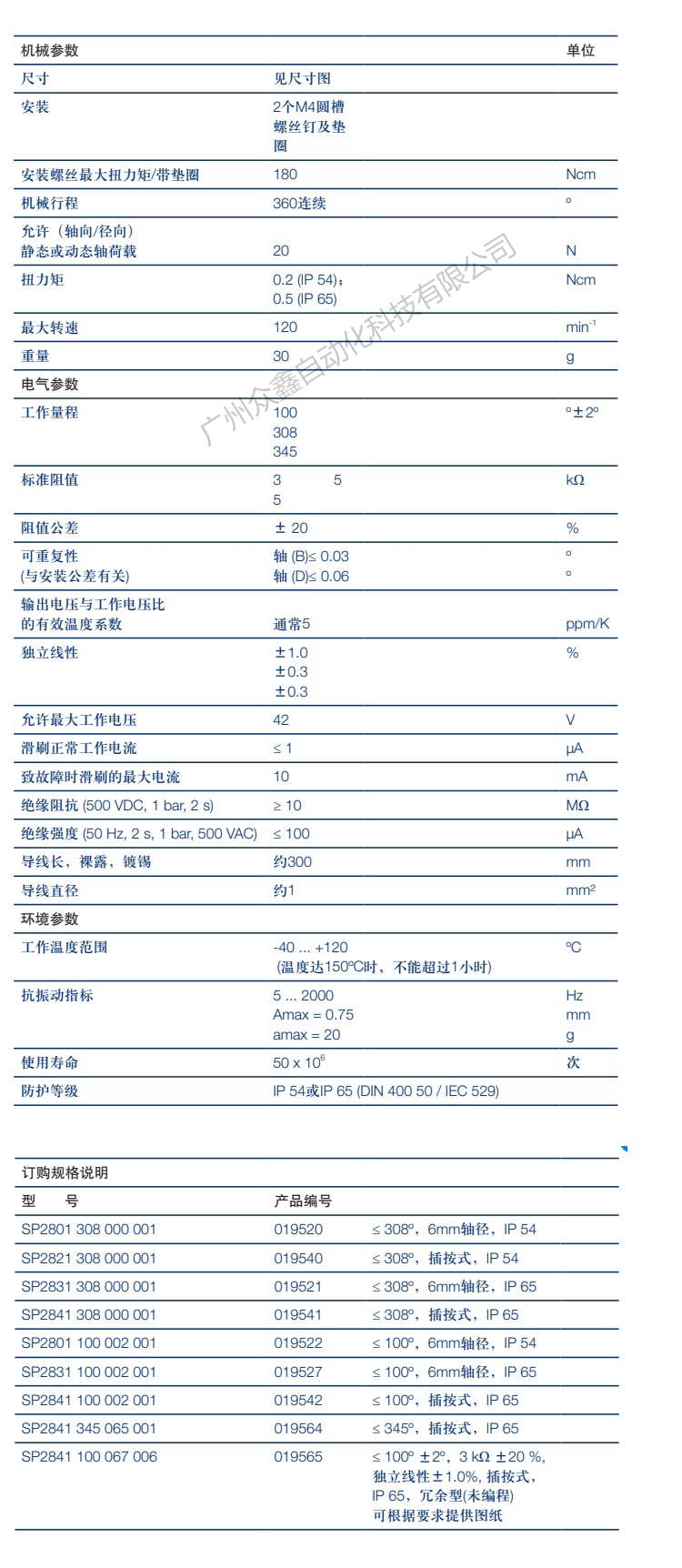 SP2821-308-000-001角度传感器技术参数