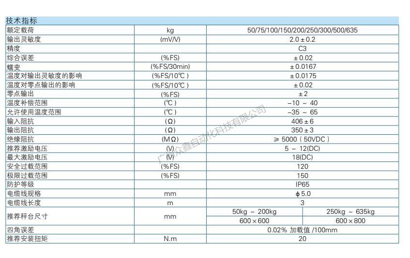 L6W-C3-50kg-3G6称重传感器技术参数