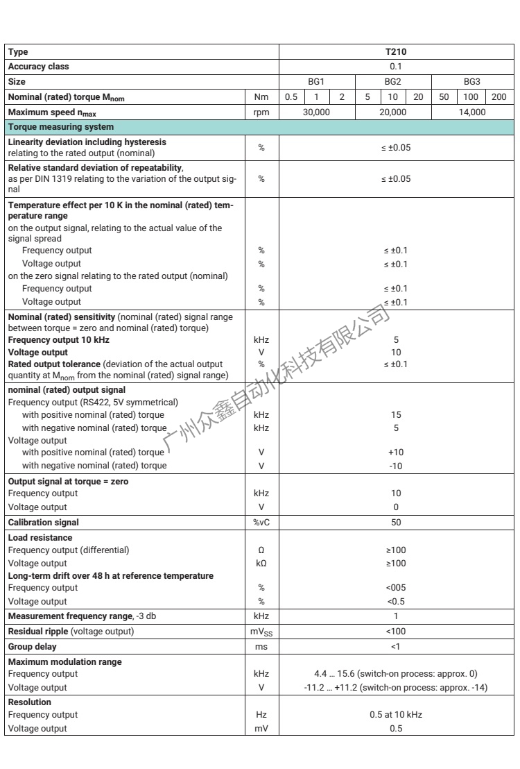 德国HBM品牌 T210扭矩传感器技术参数
